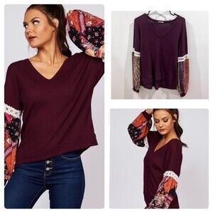 Long puff sleeve boho burgundy thermal knit mixed media top size small